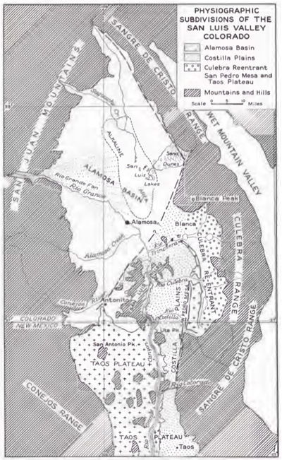 Physiographic Subdivsions. Source: Upson, J.E. “Physiographic Subdivisons of the San Luis Valley, Southern Colorado,” in Guidebook of the San Luis Basin, Colorado. New Mexico Geological Society: Twenty-Second Field Conference, H.L. James ed. 1971: 114.